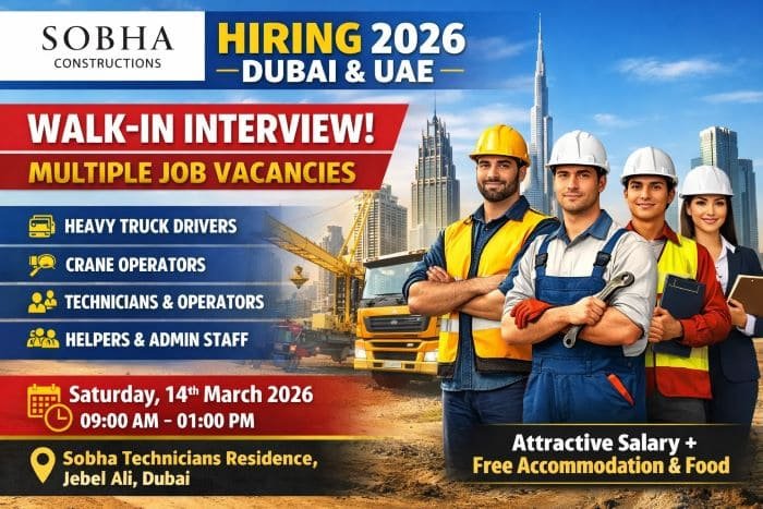 Sobha Constructions Multiple Job Vacancies 2026 in Dubai – Walk-In Interview