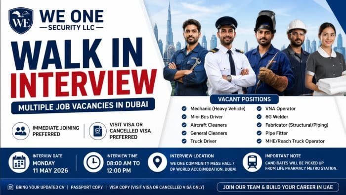 We One Security LLC Walk in Interview in Dubai 2026 – Drivers, Cleaners, Welders & Mechanics Jobs